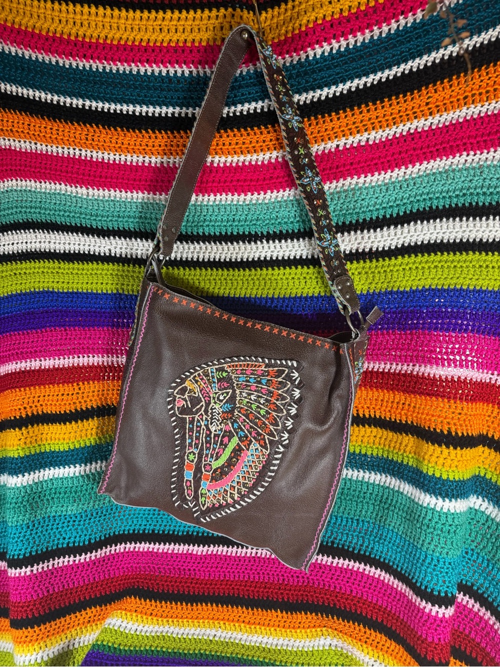 Brown Leather Shoulder Bag with Colorful Embroidered Headdress